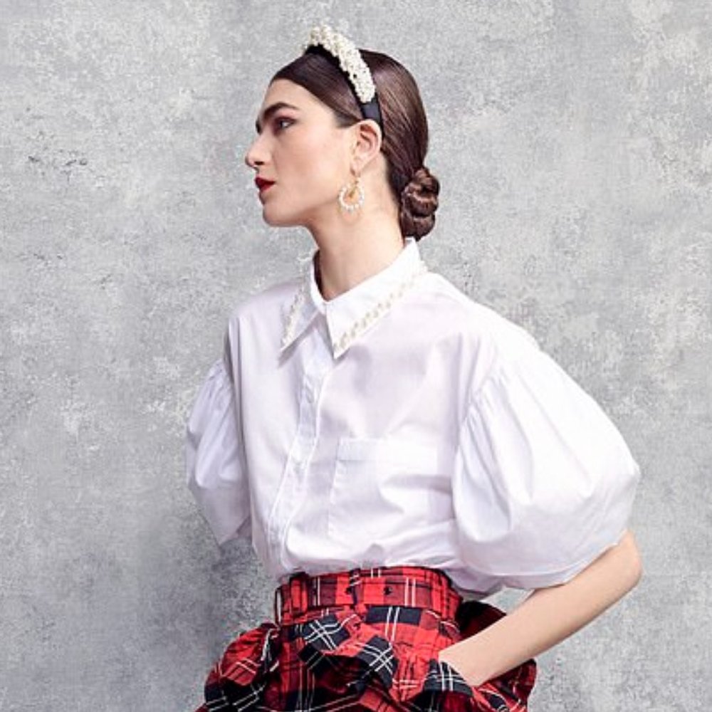 *BEAUTY* NWT SIMONE ROCHA X H&M Puffed Sleeve Blouse with Pearl Trim Collar M